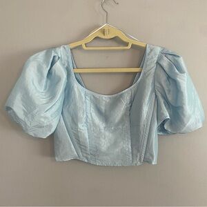 Topshop Cinderella Shimmery Blue Puff Sleeve Corset Crop Top - Size 4
